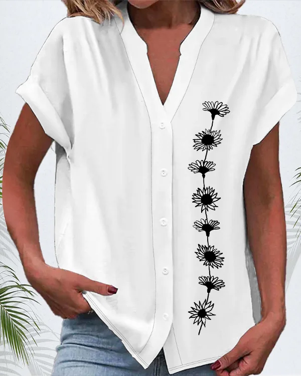 Women's Short Sleeve Shirt Summer White Floral Printing V Neck Daily Going Out Casual Top