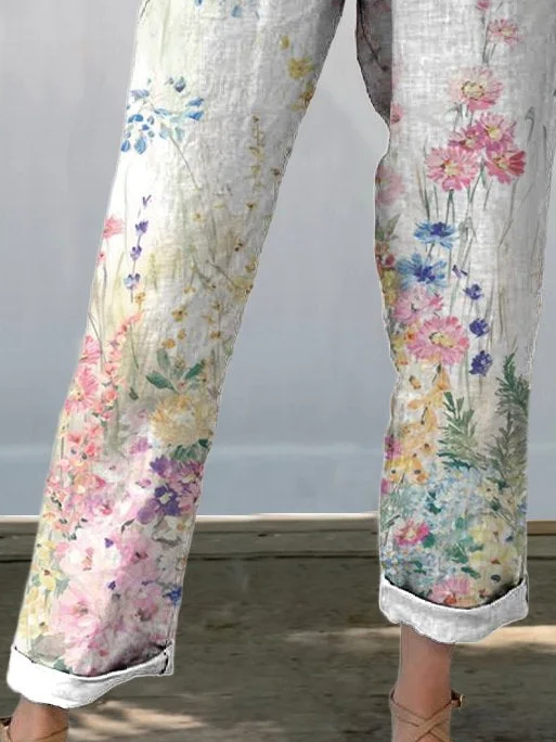 Women's Straight Pants Daily Going Out Pants White Casual Printing Floral Spring/Fall Pants