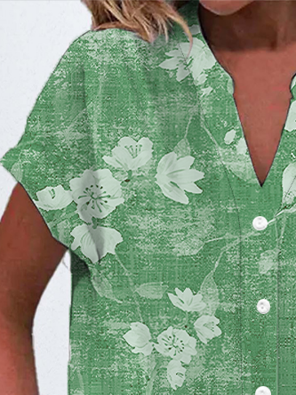 Women's Short Sleeve Shirt Summer Green Floral Printing V Neck Daily Going Out Casual Top