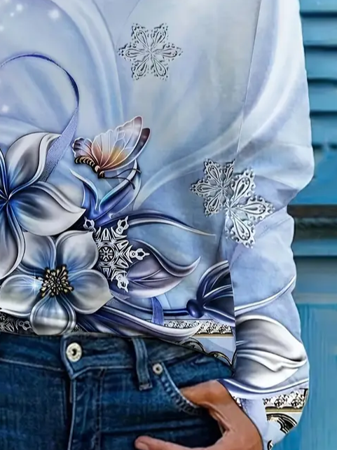 Women's Floral Butterfly Spring Print Round Neck Long Sleeve T-Shirt