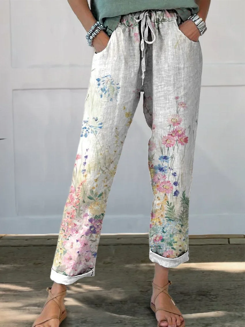 Women's Straight Pants Daily Going Out Pants White Casual Printing Floral Spring/Fall Pants