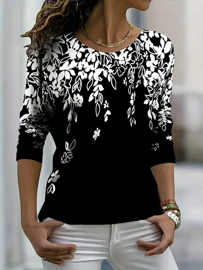 Women's Floral Spring Print Crew Neck Long Sleeve T-Shirt