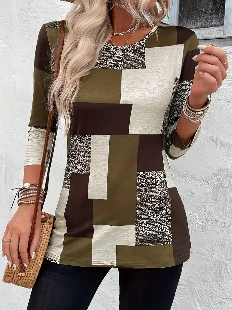 Women's Color Block Geometric Print Round Neck Short Sleeve T-Shirt