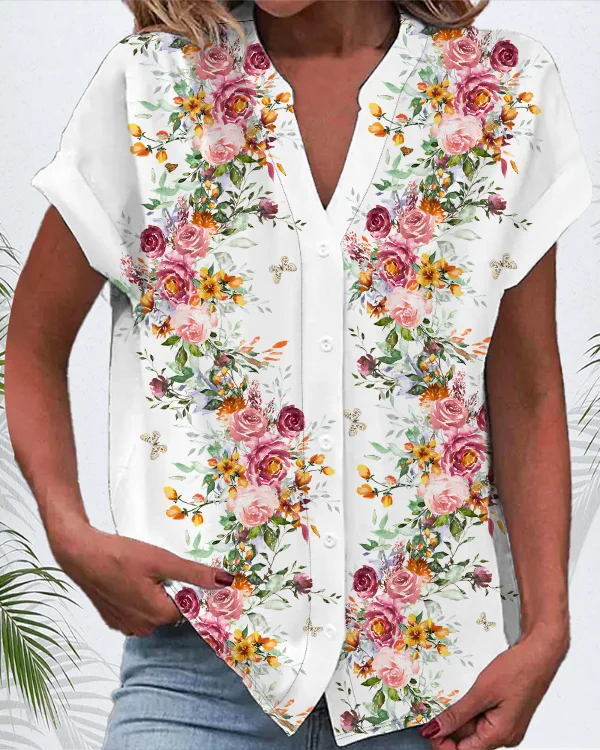 Women's Short Sleeve Shirt Summer White Floral Printing V Neck Daily Going Out Casual Top