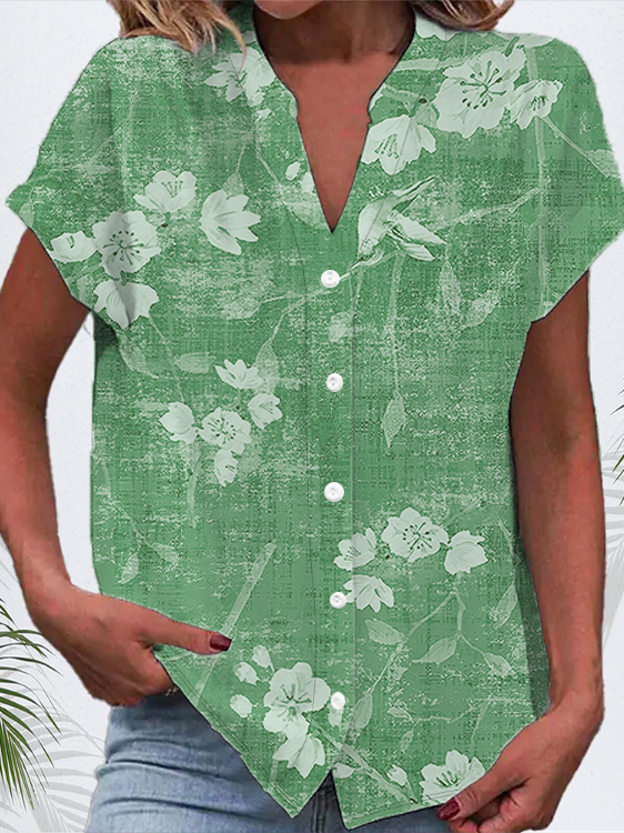 Women's Short Sleeve Shirt Summer Green Floral Printing V Neck Daily Going Out Casual Top