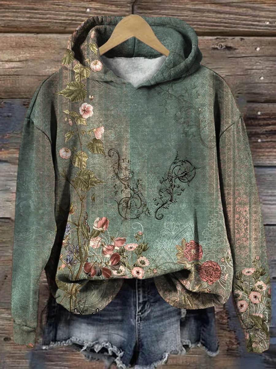 Women's Spring Floral Print Casual Long Sleeve Hoodie