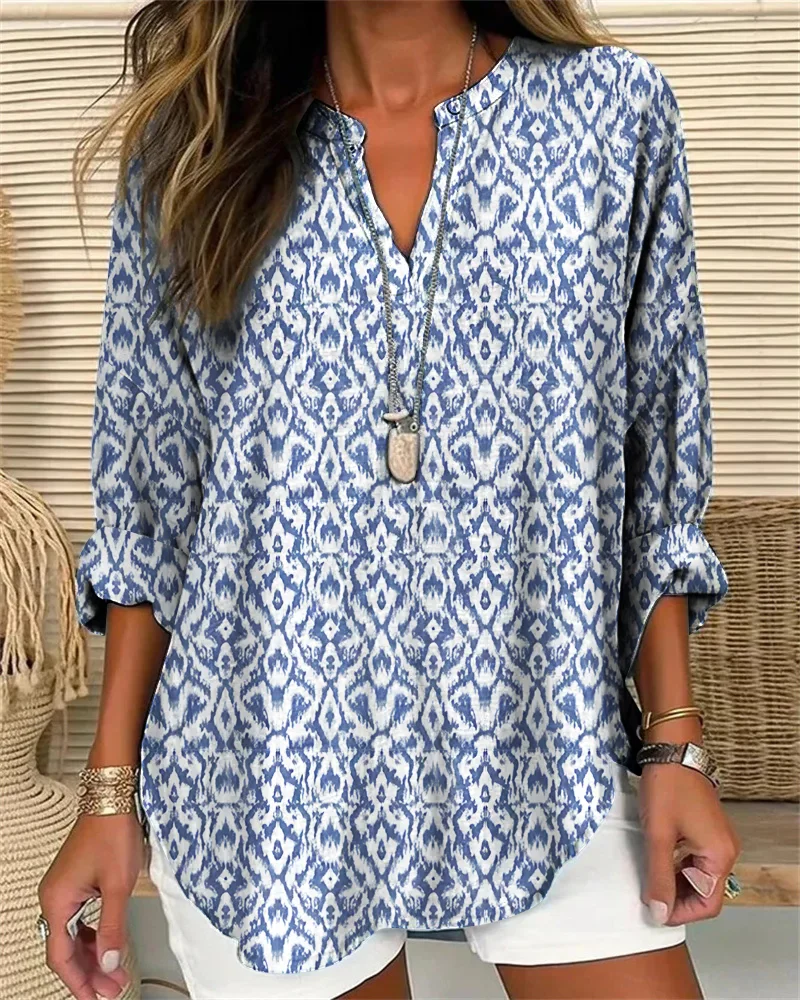 Abstract Graphic Simple V Neck Loose Shirt Blouse