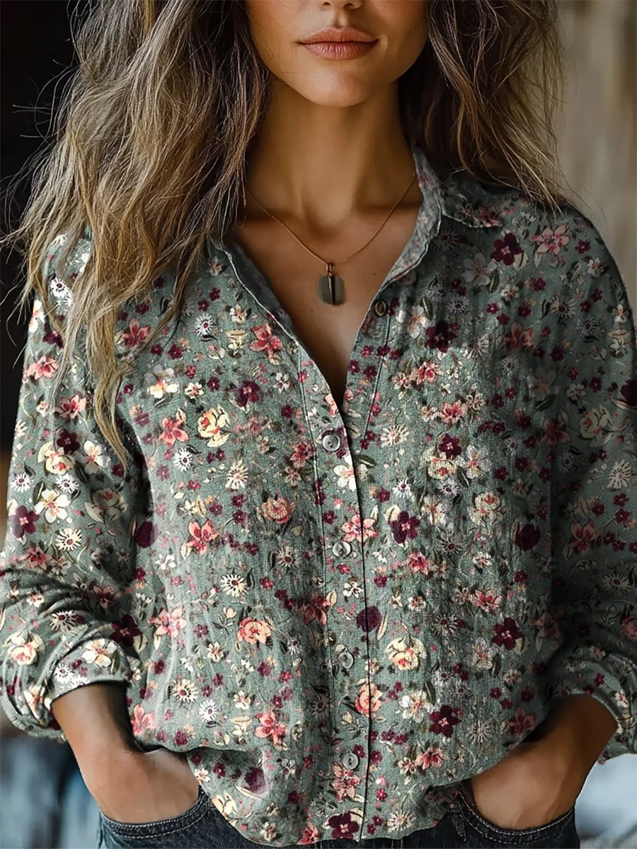 Women's Floral Print Long Sleeve Comfortable Cotton Shirt