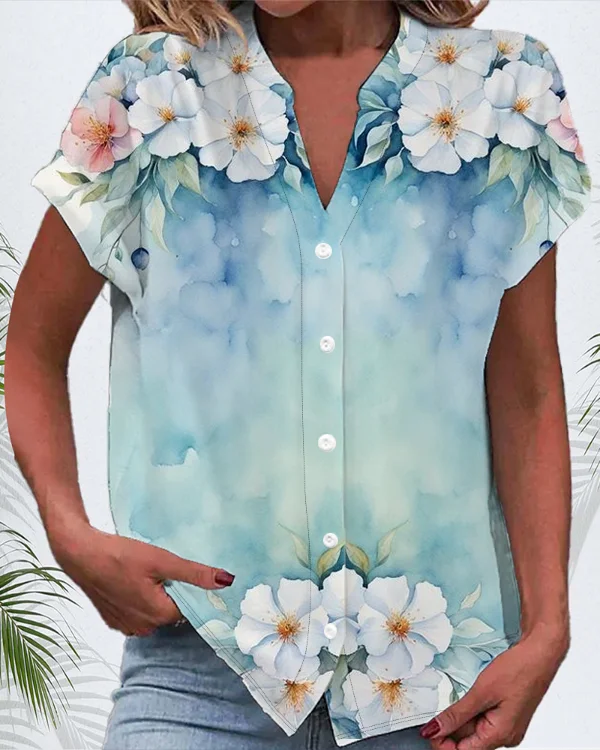 Women's Short Sleeve Shirt Summer As Picture Floral Printing V Neck Daily Going Out Casual Top