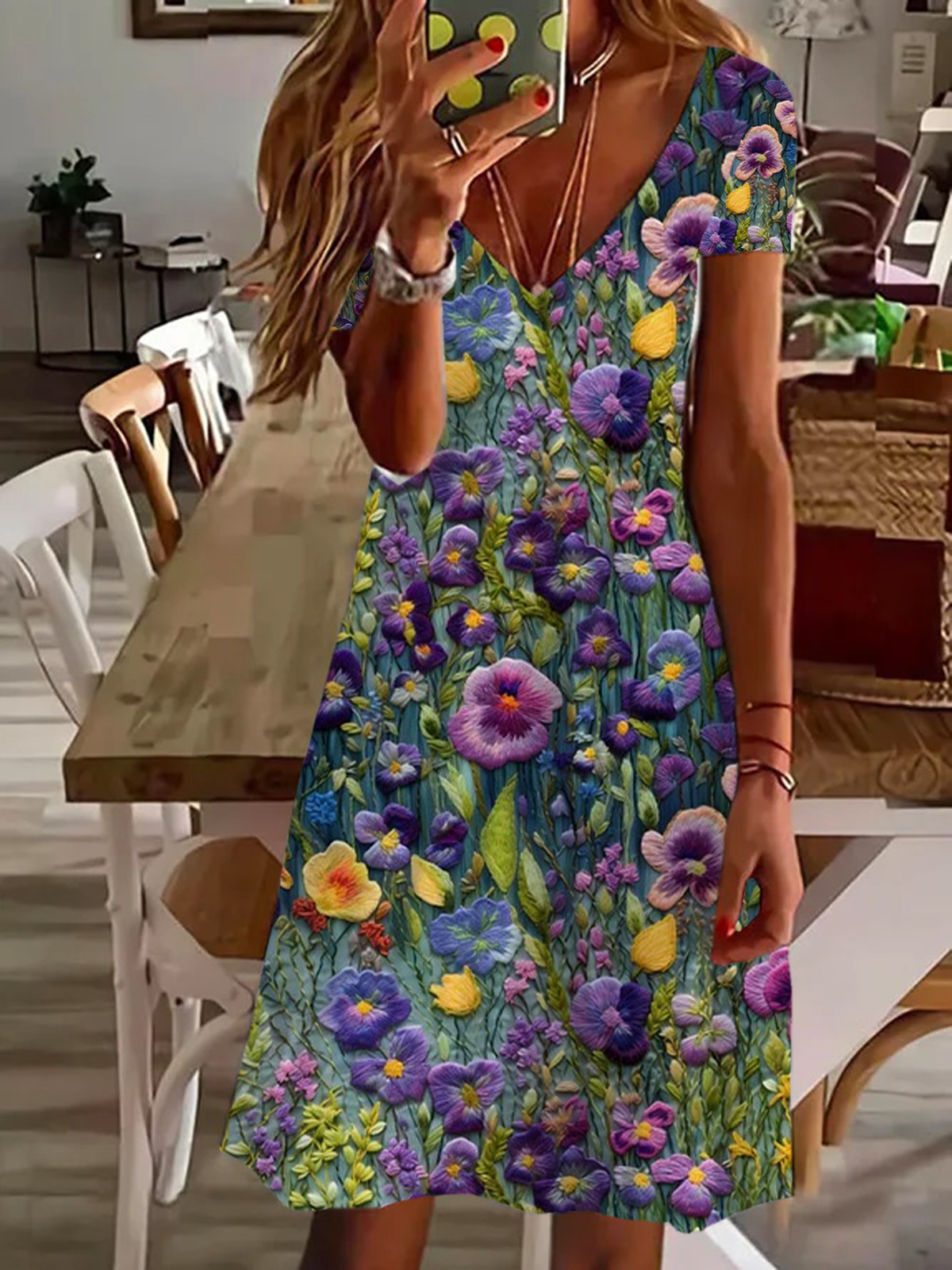 Women's Spring Floral Print Casual V-Neck Short Sleeve Dress