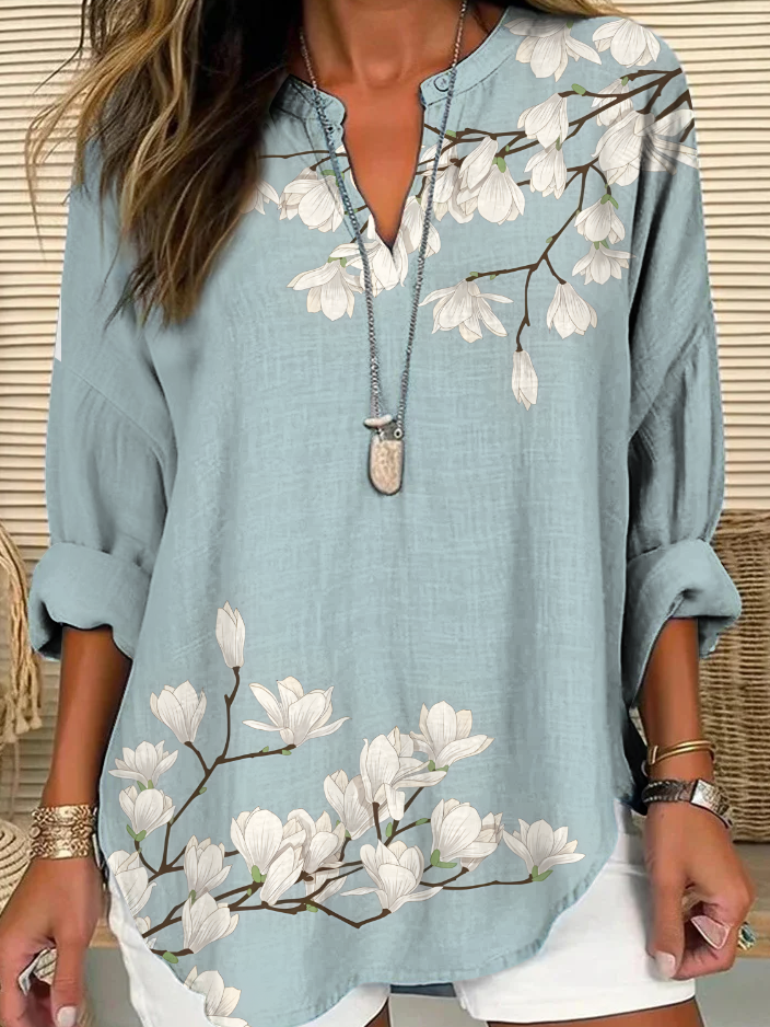 Cotton-Blend Floral Casual V Neck Shirt Blouse