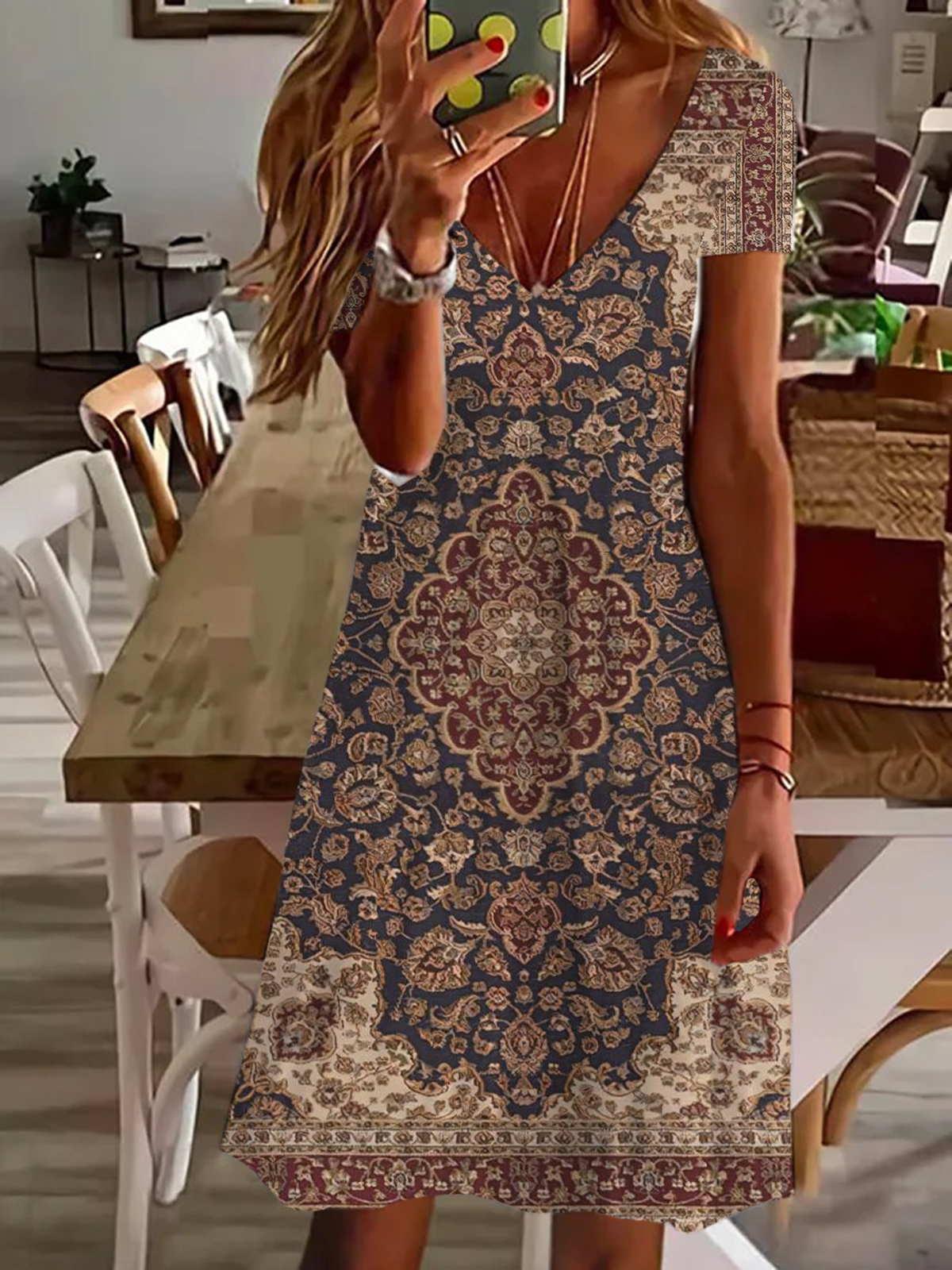 Women's Spring Floral Print Casual V-Neck Short Sleeve Dress