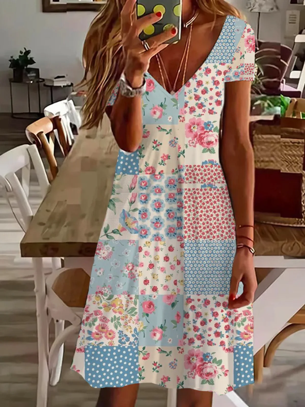 Women's Spring Floral Print Casual V-Neck Short Sleeve Dress