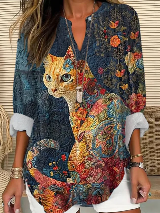 Cat V Neck Long Sleeve Loose Blouse