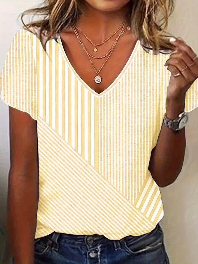 Casual striped patchwork printed V-neck T-shirt