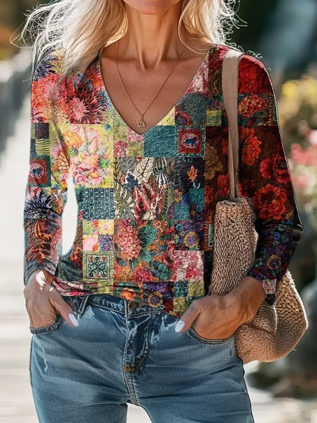 Women's Spring Floral Print Casual Long Sleeve V-Neck T-Shirt