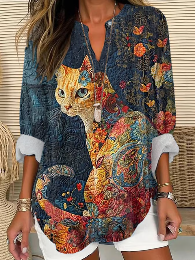 Cat V Neck Long Sleeve Loose Blouse