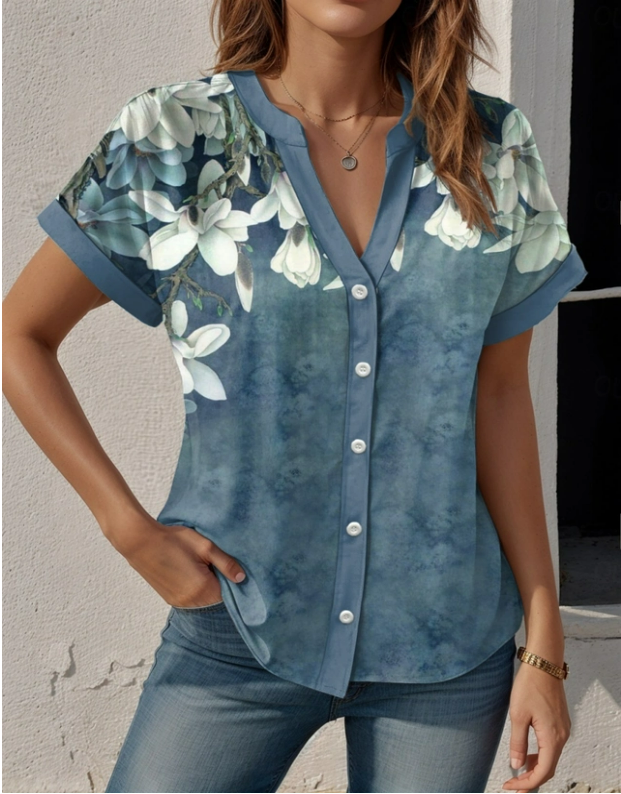 Women's Short Sleeve Shirt Summer As Picture Floral Printing V Neck Daily Going Out Casual Top