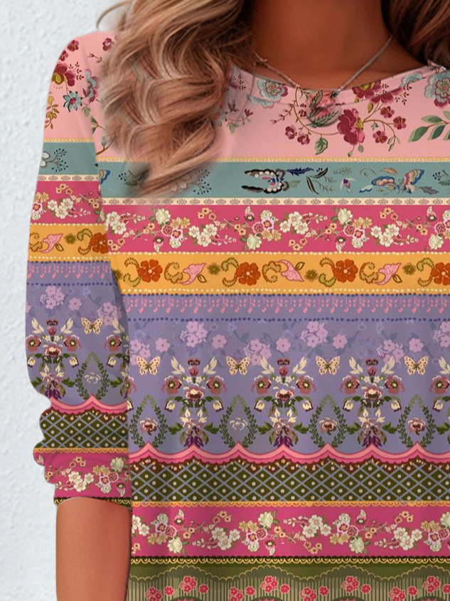 Women's Floral Spring Print Casual Crew Neck Tunic T-Shirt