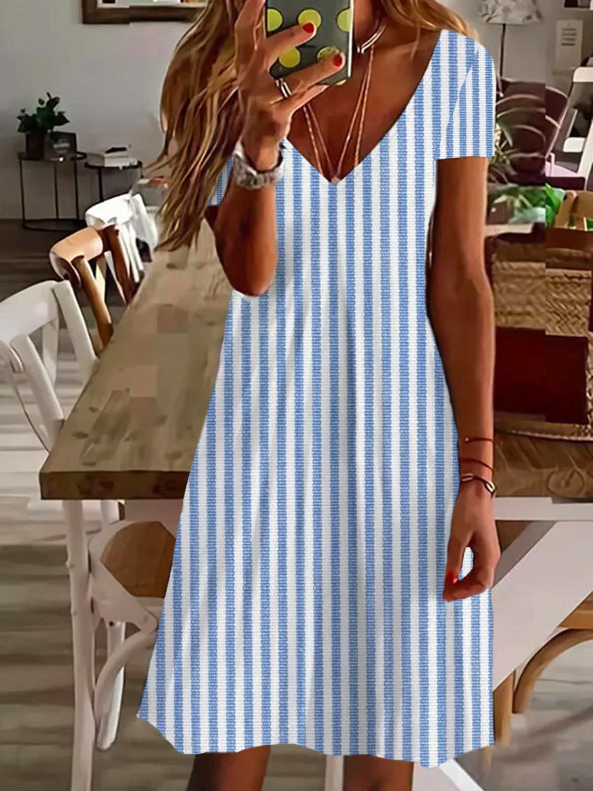 Women's Striped Spring Print Casual Short Sleeve V-Neck Dress