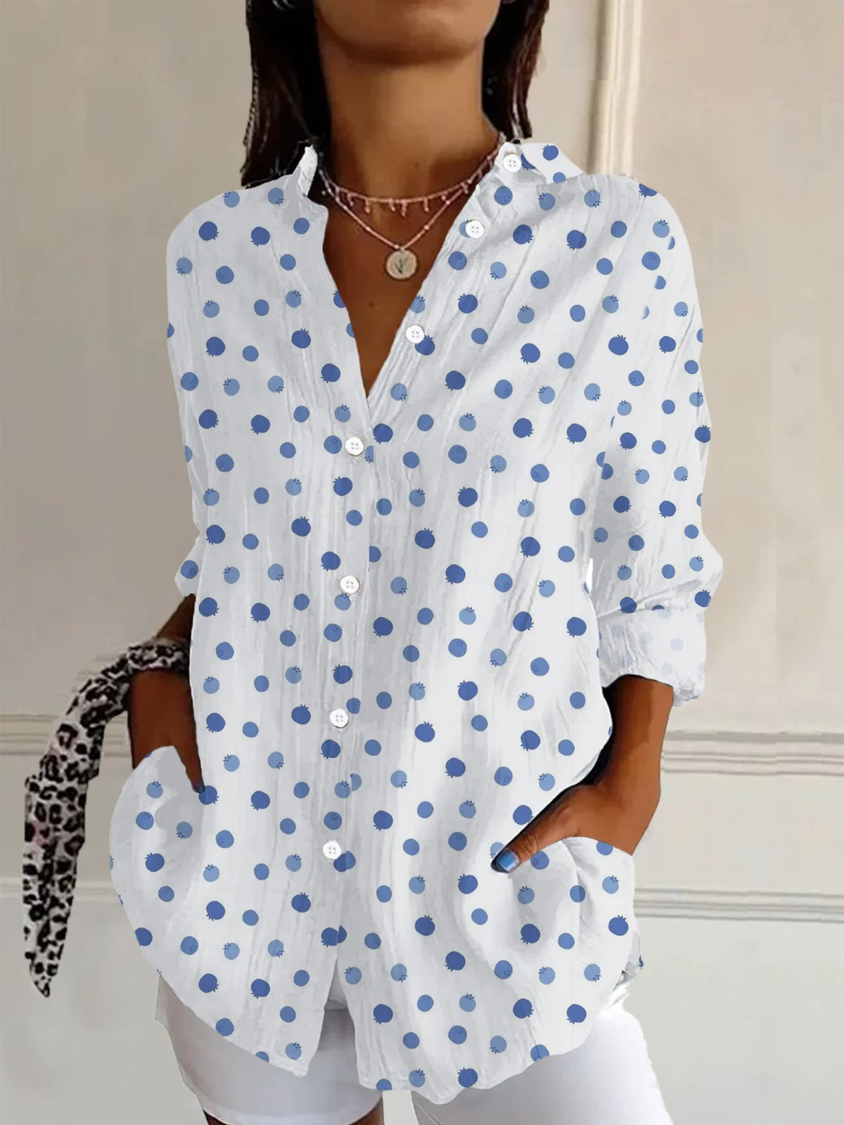 Women's Long Sleeve Shirt Spring/Fall White Polka Dots Buckle Shirt Collar Daily Going Out Casual Top