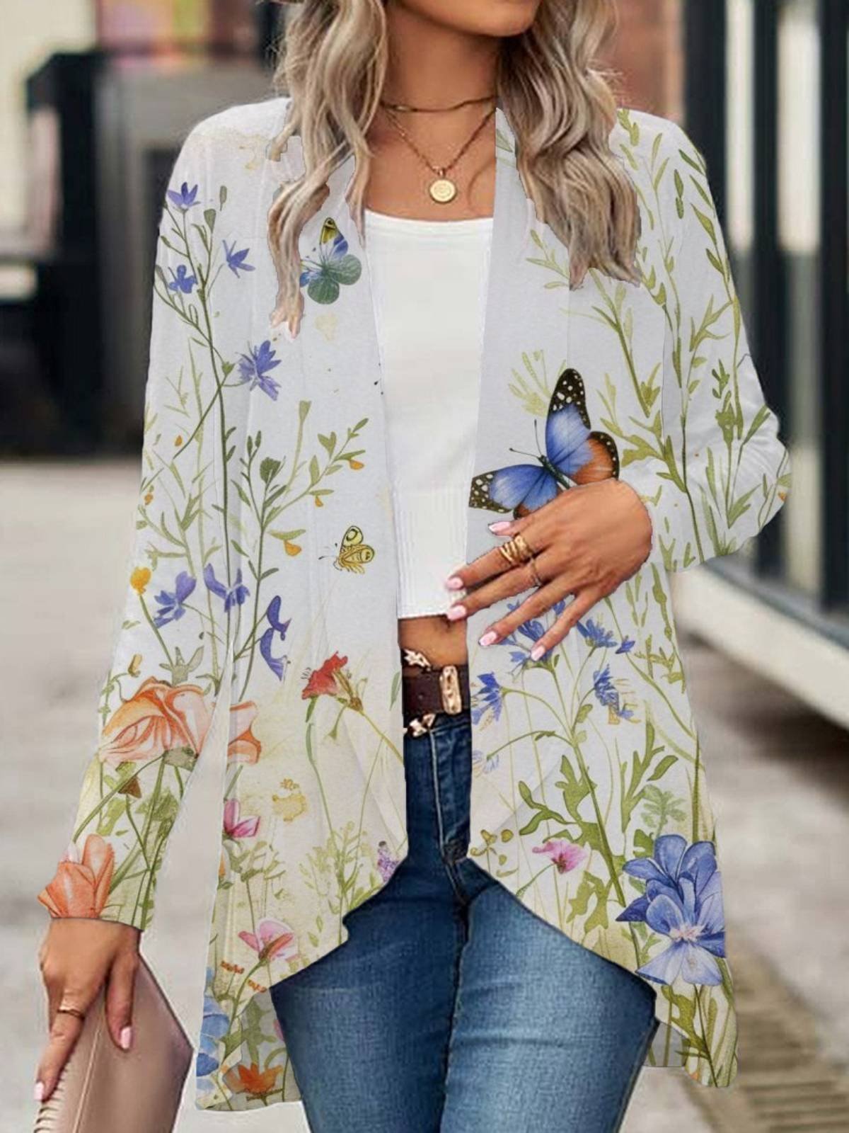 Women's Floral Butterfly Spring Print Casual Long Sleeve Cardigan