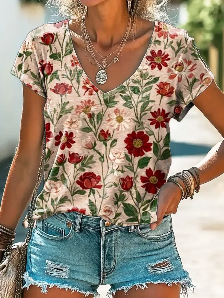 Women's Floral Print Casual V-Neck Short Sleeve T-Shirt