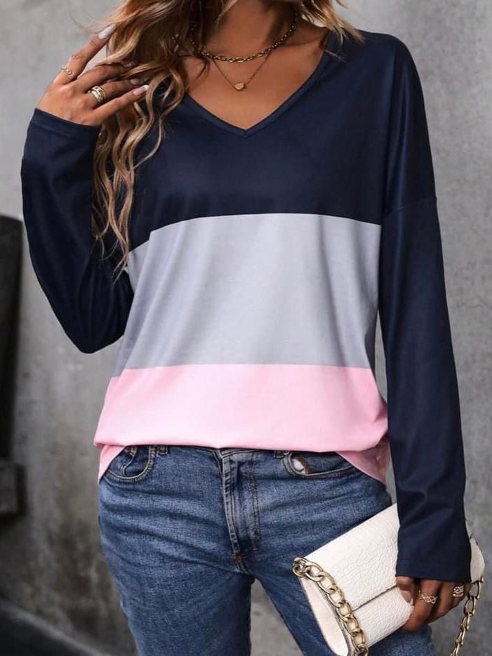 Women's Color Block Printed Casual V-Neck Long Sleeve T-Shirt