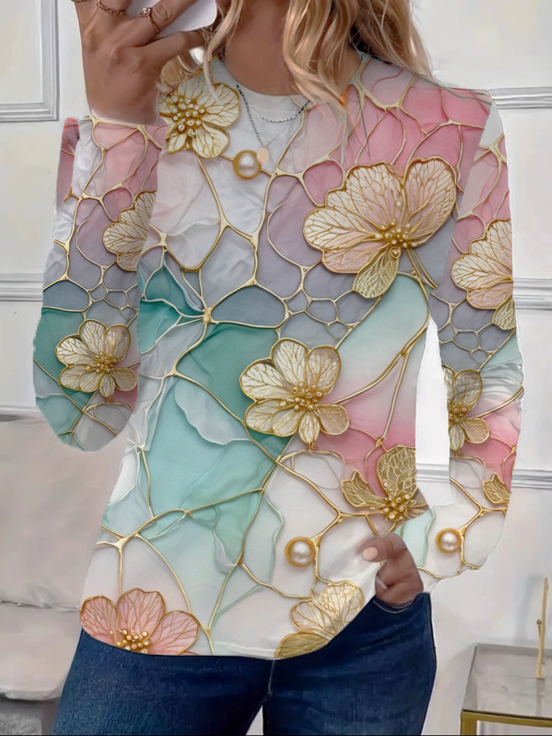 Women's Floral Spring Print Round Neck Long Sleeve T-Shirt