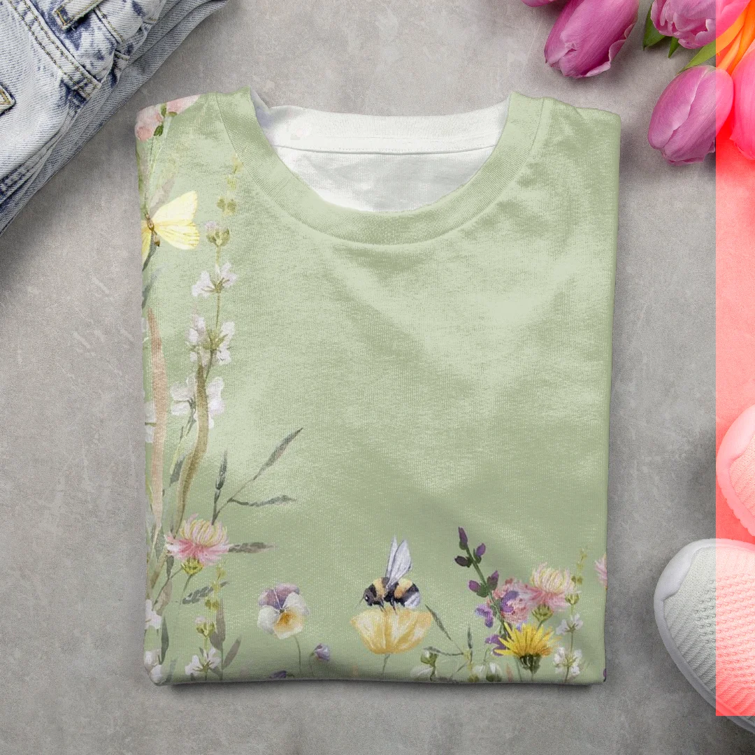 Women's Floral Spring Print Round Neck Long Sleeve T-Shirt