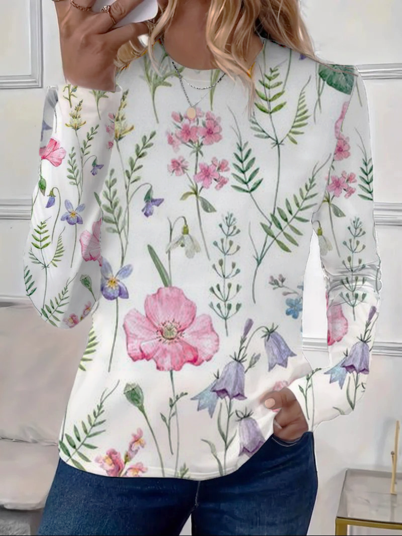 Women's Floral Spring Print Crew Neck Long Sleeve T-Shirt