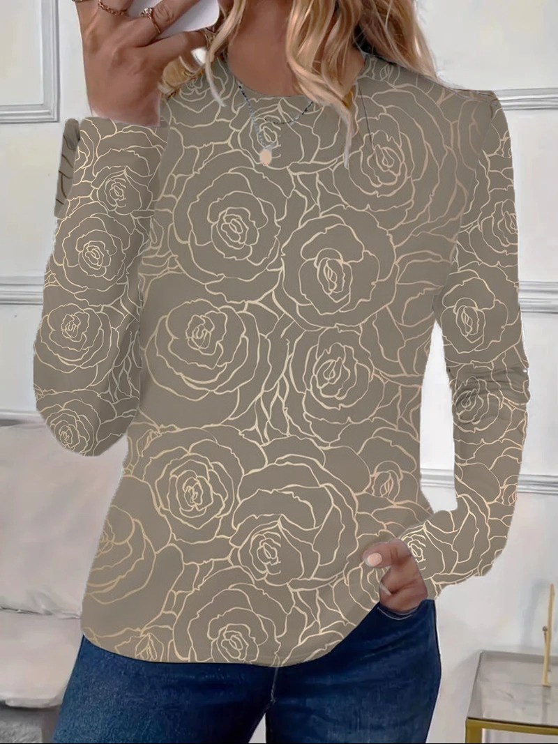 Women's Floral Spring Print Round Neck Long Sleeve T-Shirt