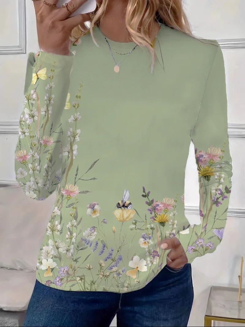 Women's Floral Spring Print Round Neck Long Sleeve T-Shirt