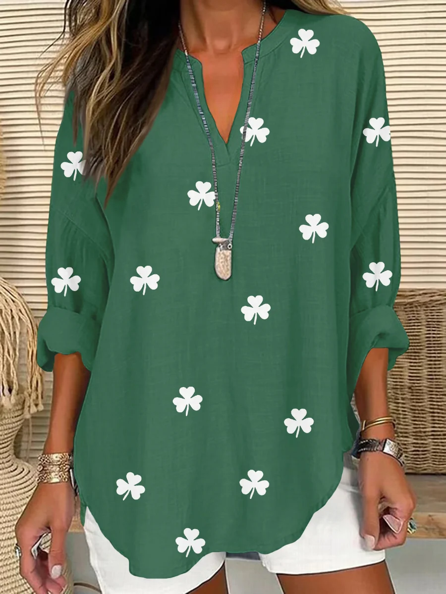 Women's St. Patrick's Day Shamrock Print V Neck Long Sleeve Shirt Top