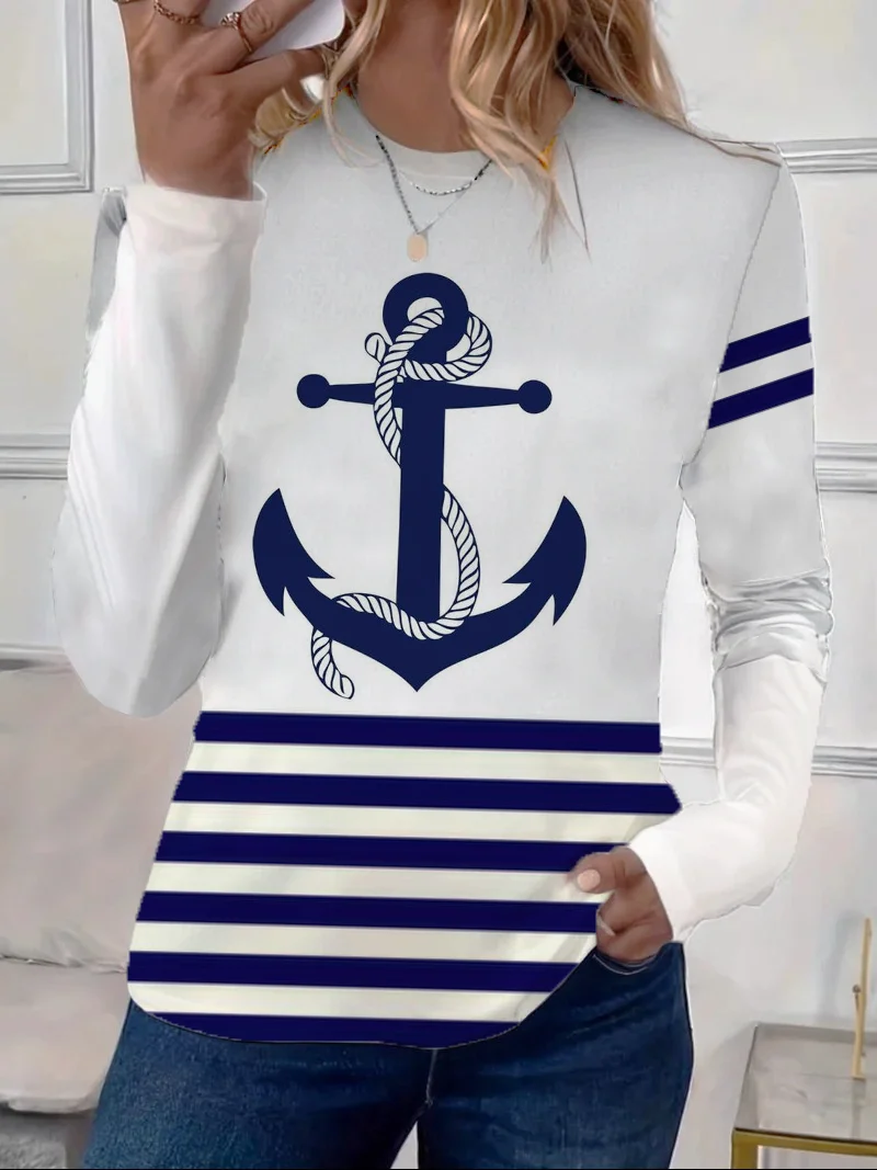 Women's Long Sleeve T-shirt Spring/Fall White Striped Printing Jersey Crew Neck Daily Going Out Casual Top