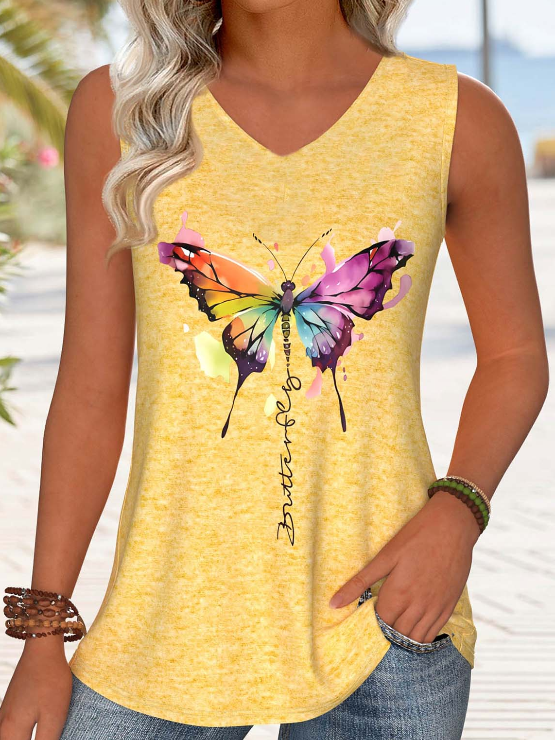 Butterfly Cotton-Blend Casual Tank Top