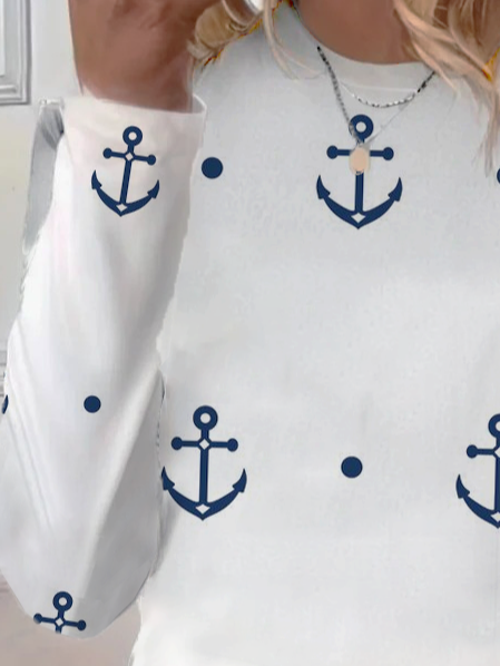 Women's Long Sleeve T-shirt Spring/Fall White Anchor Printing Jersey Crew Neck Daily Going Out Casual Top