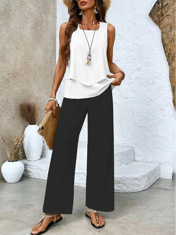 Women's Plain Daily Going Out Two-Piece Set Black-white Casual Summer Top With Pants Matching Set