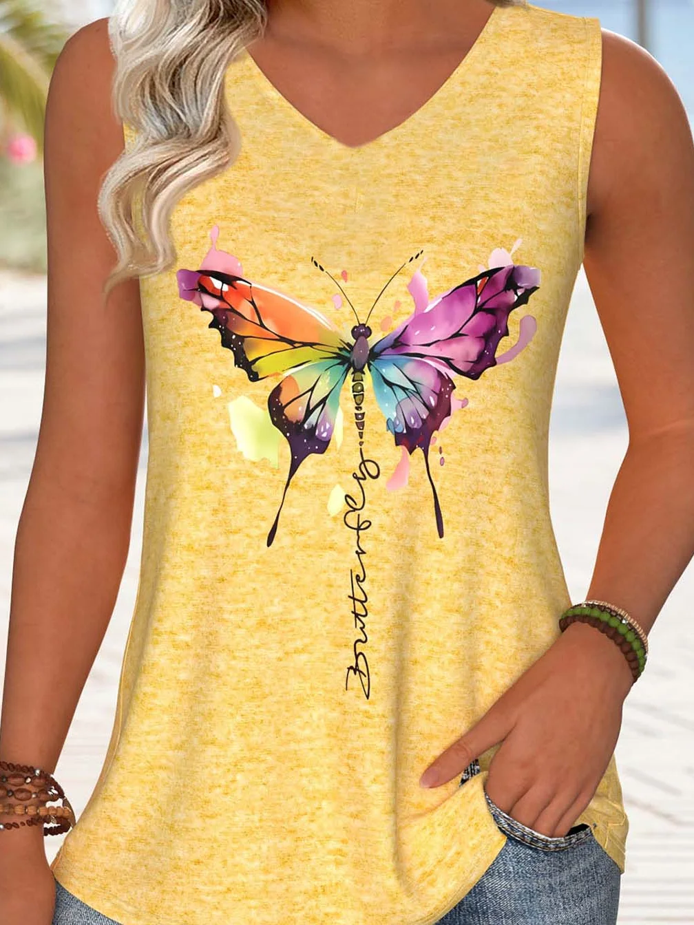 Butterfly Cotton-Blend Casual Tank Top