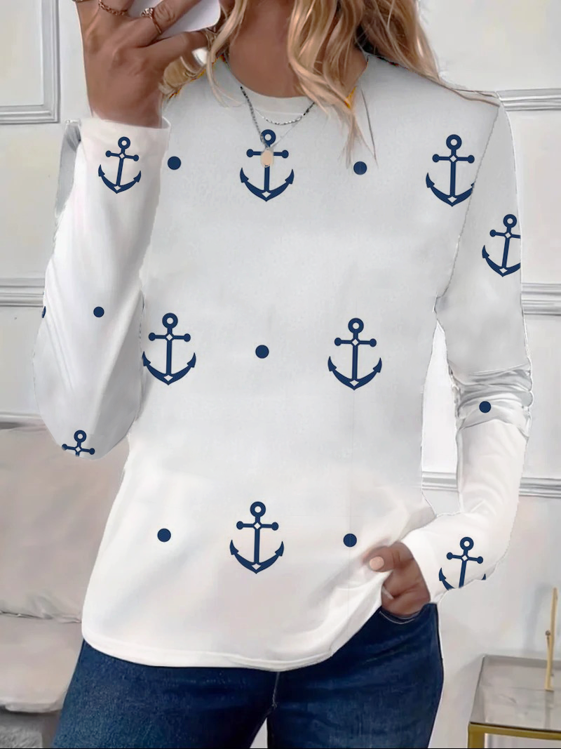 Women's Long Sleeve T-shirt Spring/Fall White Anchor Printing Jersey Crew Neck Daily Going Out Casual Top