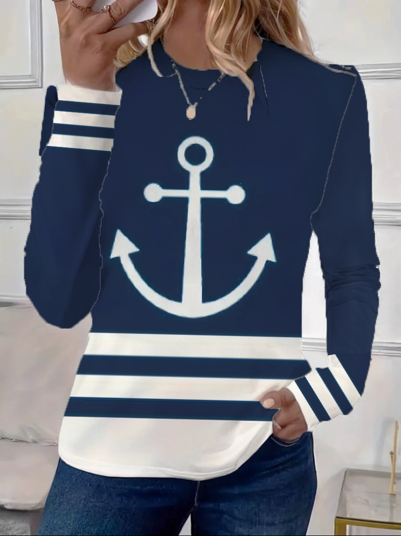 Women's Long Sleeve T-shirt Spring/Fall Navyblue Anchor Printing Jersey Crew Neck Daily Going Out Casual Top