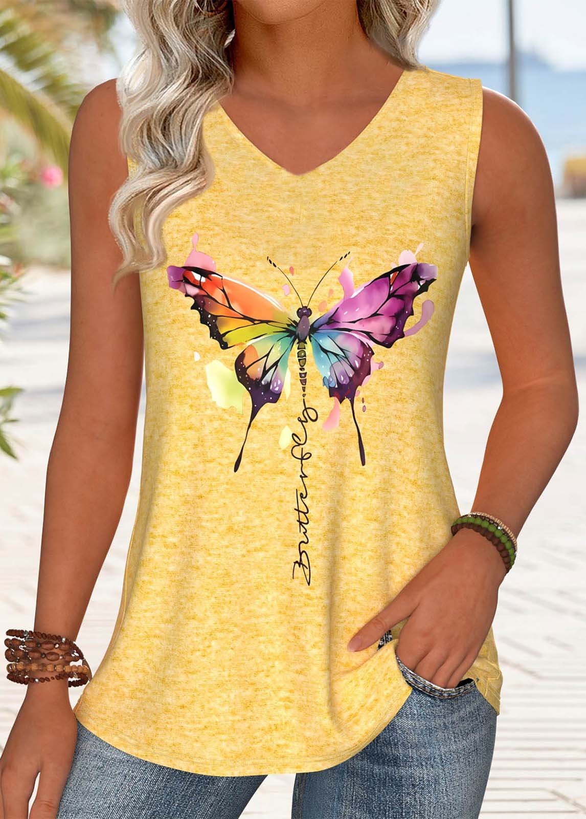 Butterfly Cotton-Blend Casual Tank Top