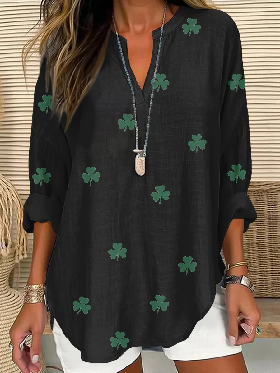 Women's St. Patrick's Day Shamrock Print V Neck Long Sleeve Shirt Top