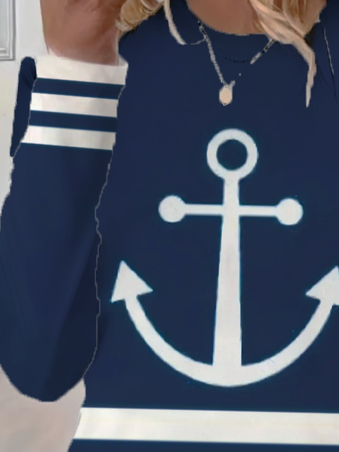 Women's Long Sleeve T-shirt Spring/Fall Navyblue Anchor Printing Jersey Crew Neck Daily Going Out Casual Top