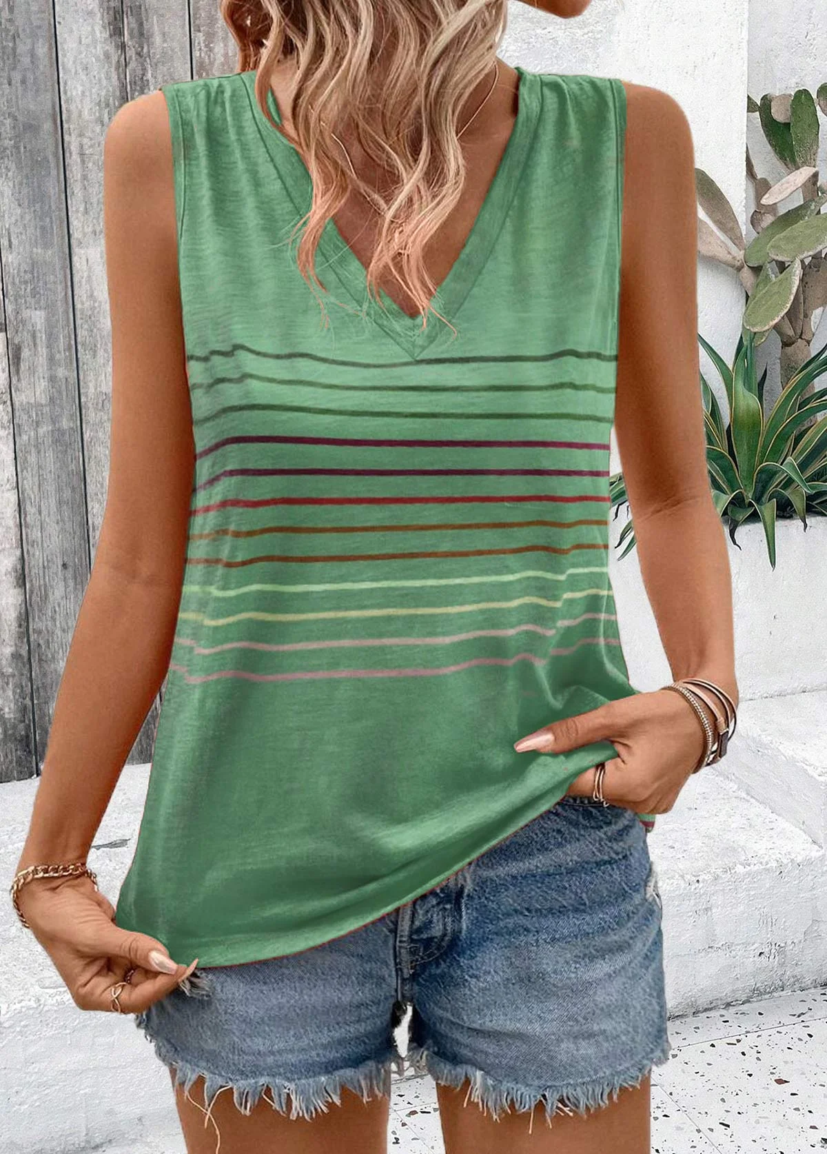 Striped Casual V Neck Loose Tank Top