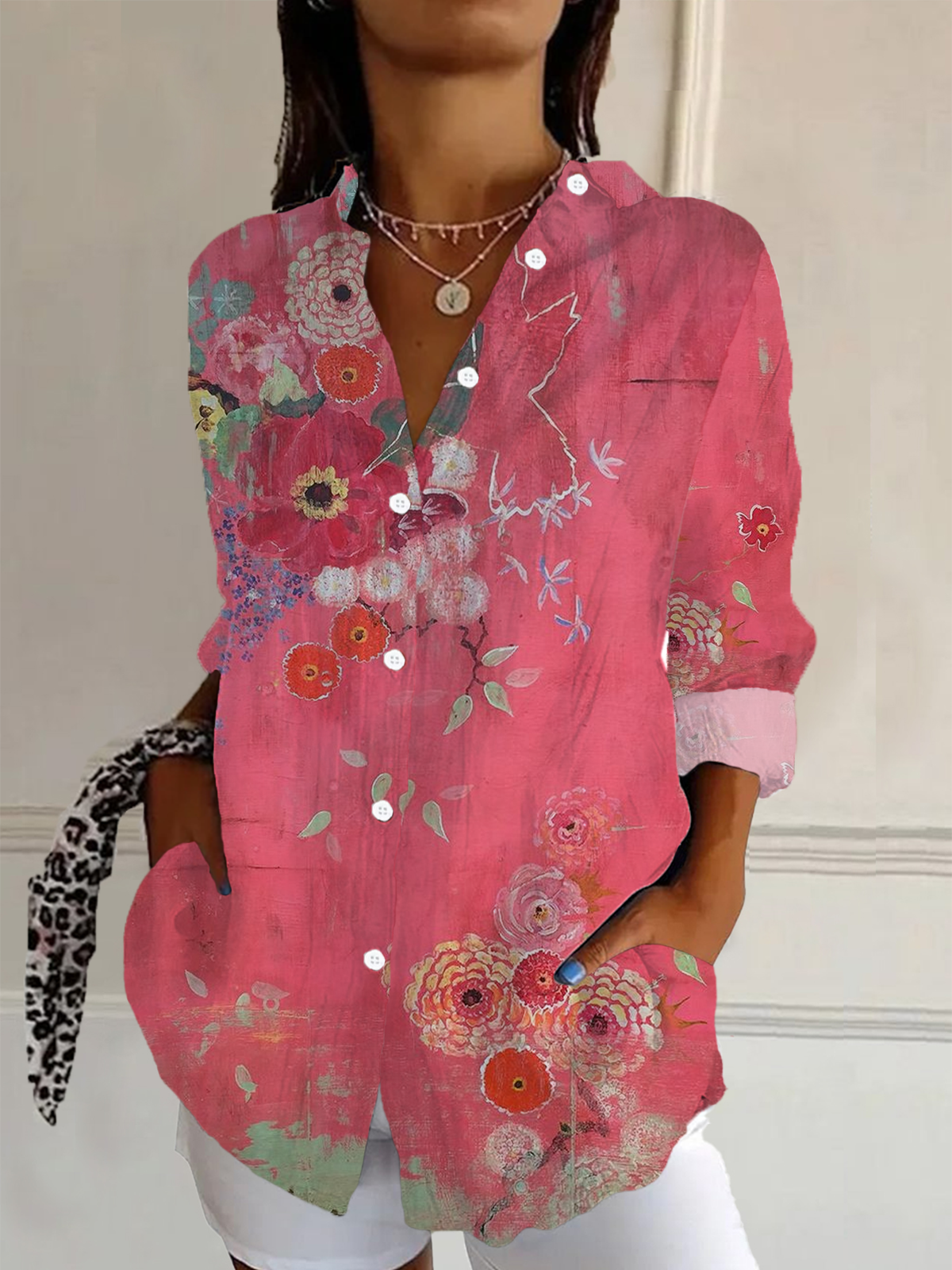 Women's Long Sleeve Shirt Spring/Fall As Picture Floral Buckle Shirt Collar Daily Going Out Casual Top