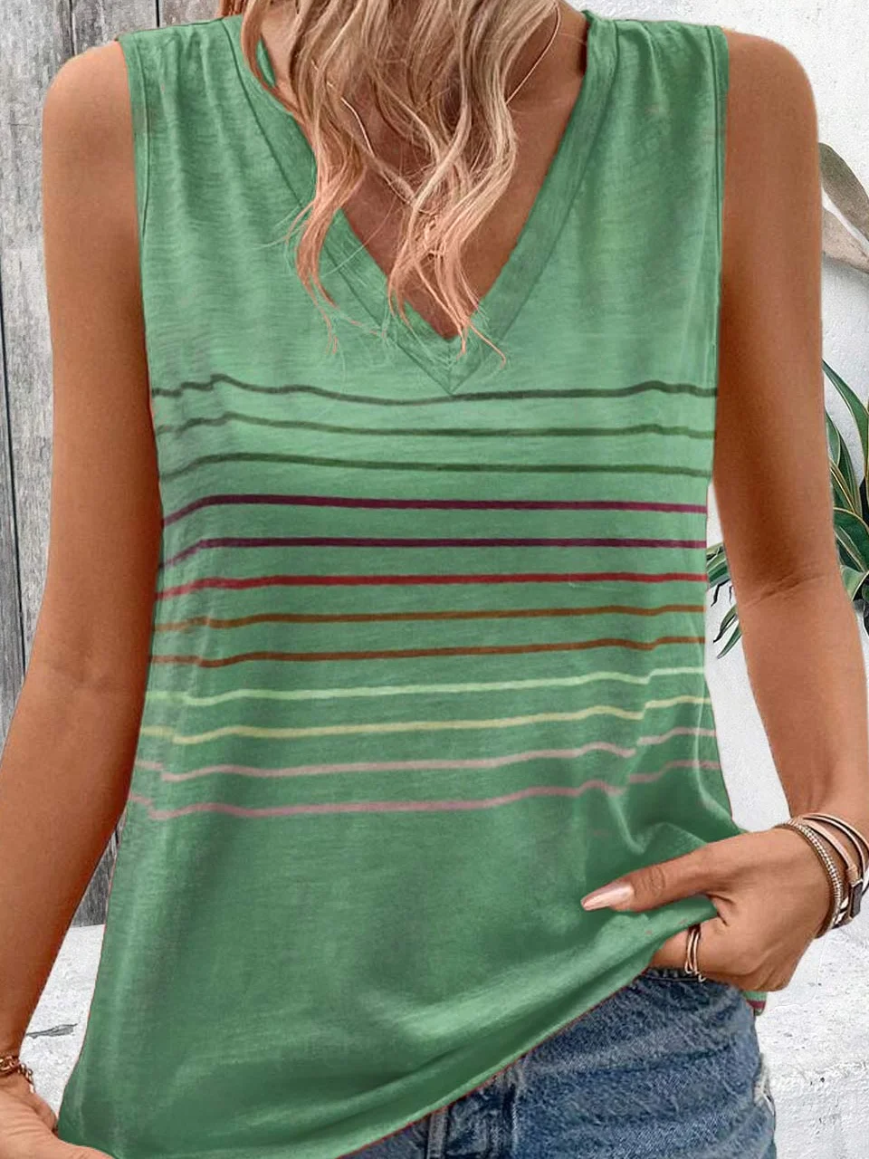 Striped Casual V Neck Loose Tank Top