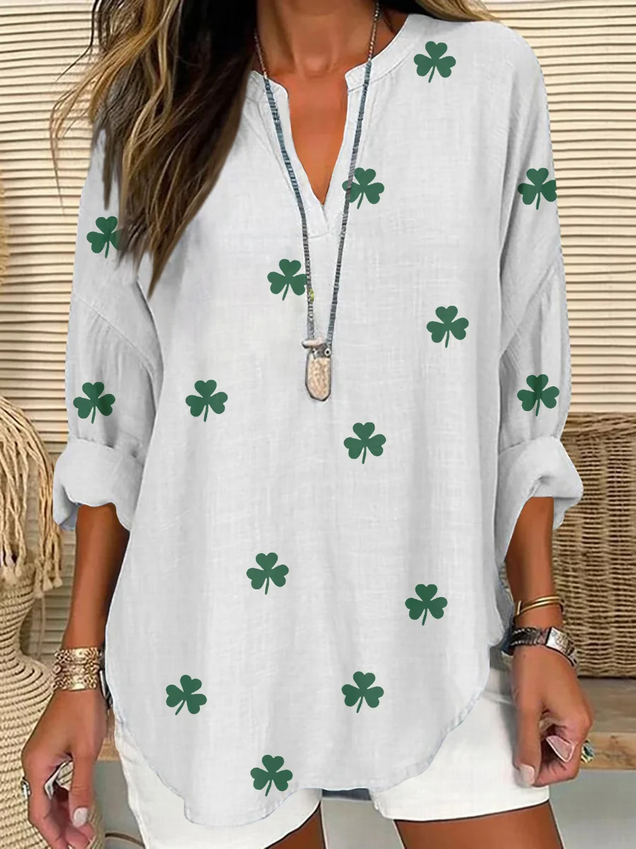 Women's St. Patrick's Day Shamrock Print V Neck Long Sleeve Shirt Top