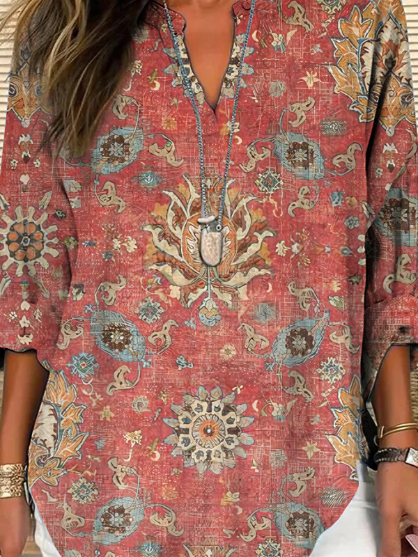 Simple Loose Cotton-Blend Floral Shirt