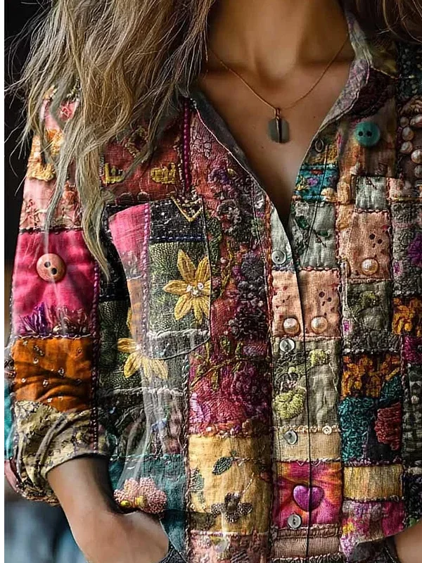 Women's Vintage Art Patchwork Floral Print Cotton and Linen Long Sleeve Shirt
